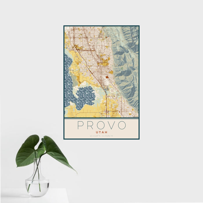 16x24 Provo Utah Map Print Portrait Orientation in Woodblock Style With Tropical Plant Leaves in Water