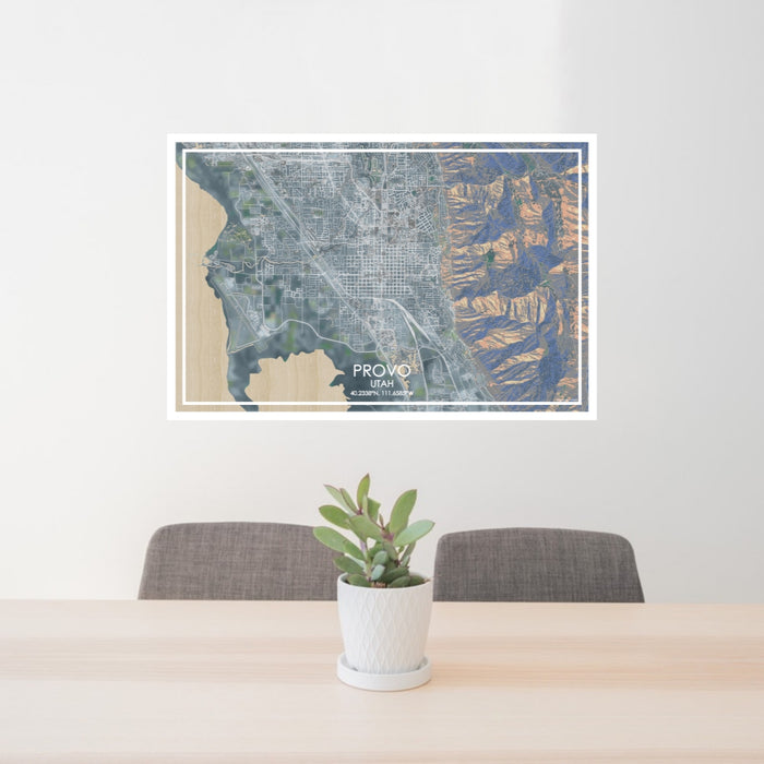 24x36 Provo Utah Map Print Lanscape Orientation in Afternoon Style Behind 2 Chairs Table and Potted Plant
