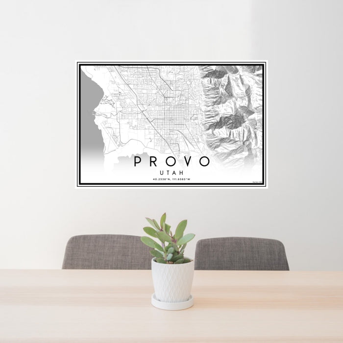 24x36 Provo Utah Map Print Lanscape Orientation in Classic Style Behind 2 Chairs Table and Potted Plant