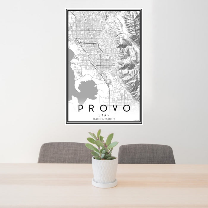 24x36 Provo Utah Map Print Portrait Orientation in Classic Style Behind 2 Chairs Table and Potted Plant