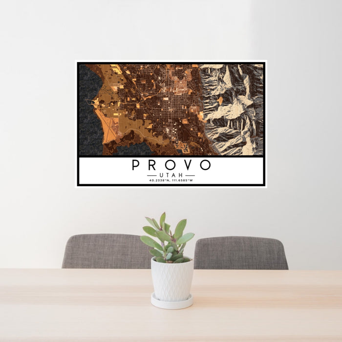 24x36 Provo Utah Map Print Lanscape Orientation in Ember Style Behind 2 Chairs Table and Potted Plant