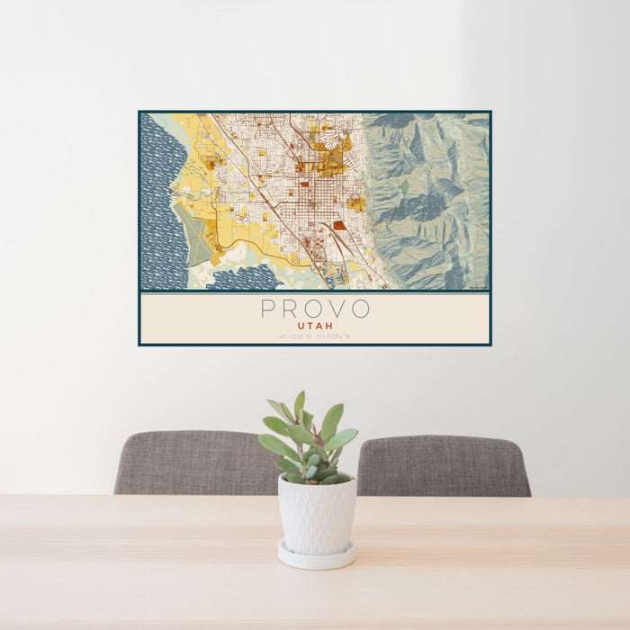 24x36 Provo Utah Map Print Lanscape Orientation in Woodblock Style Behind 2 Chairs Table and Potted Plant