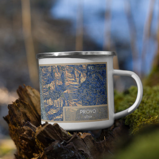 Right View Custom Provo Utah Map Enamel Mug in Afternoon on Grass With Trees in Background