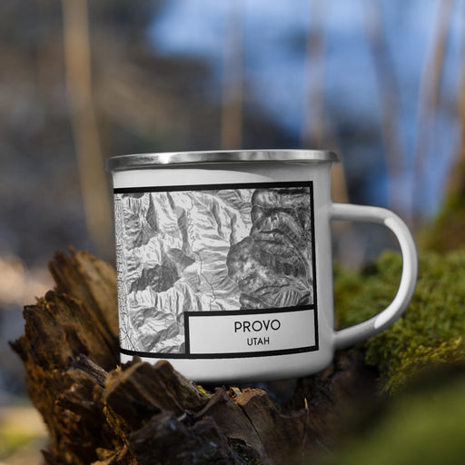 Right View Custom Provo Utah Map Enamel Mug in Classic on Grass With Trees in Background