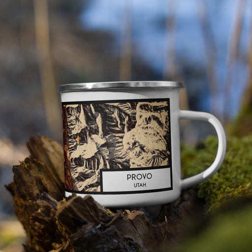 Right View Custom Provo Utah Map Enamel Mug in Ember on Grass With Trees in Background