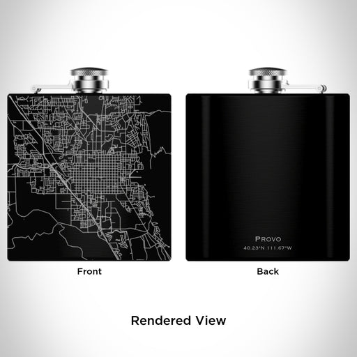 Rendered View of Provo Utah Map Engraving on 6oz Stainless Steel Flask in Black