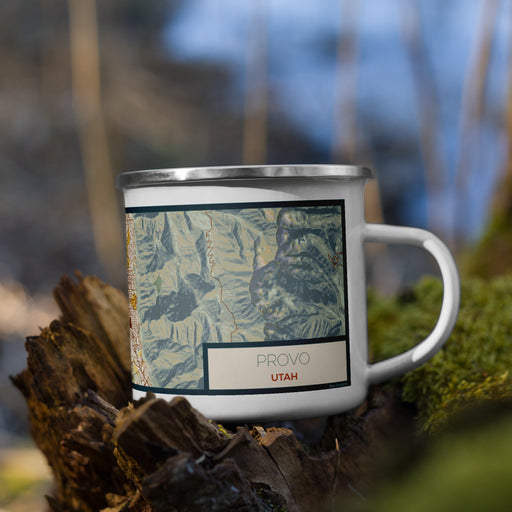 Right View Custom Provo Utah Map Enamel Mug in Woodblock on Grass With Trees in Background