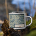 Right View Custom Provo Utah Map Enamel Mug in Woodblock on Grass With Trees in Background