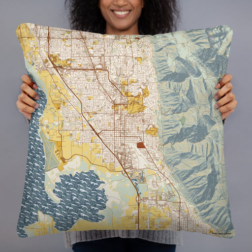 Person holding 22x22 Custom Provo Utah Map Throw Pillow in Woodblock