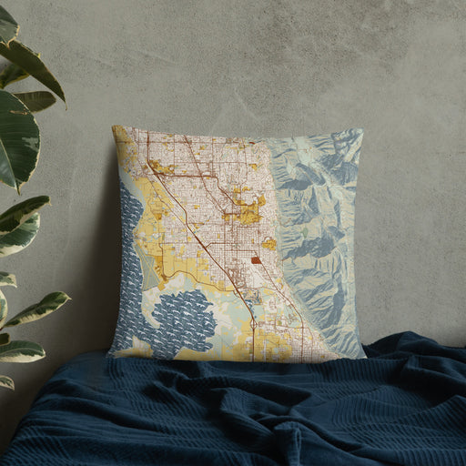 Custom Provo Utah Map Throw Pillow in Woodblock on Bedding Against Wall