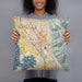 Person holding 18x18 Custom Provo Utah Map Throw Pillow in Woodblock