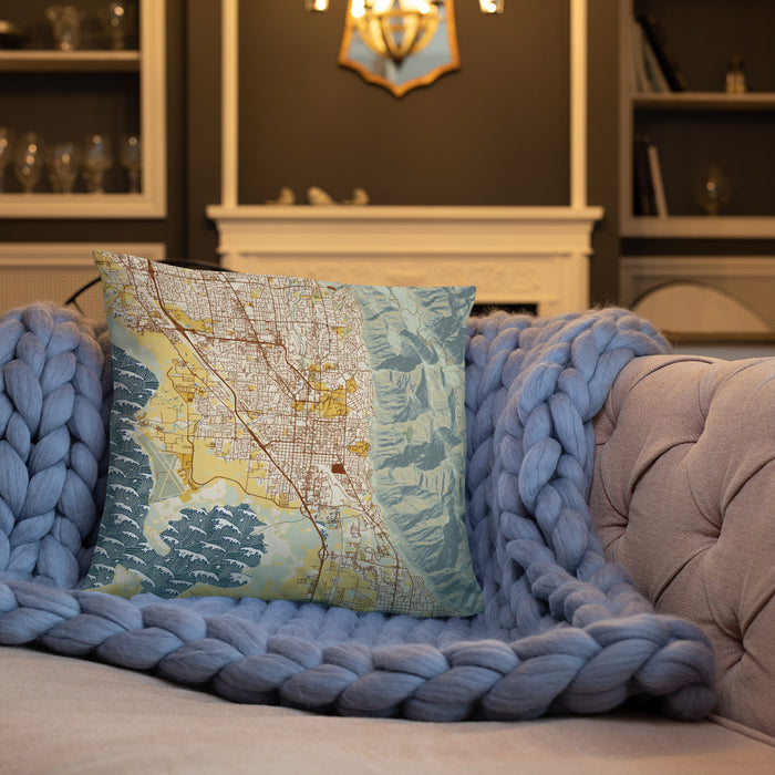 Custom Provo Utah Map Throw Pillow in Woodblock on Cream Colored Couch