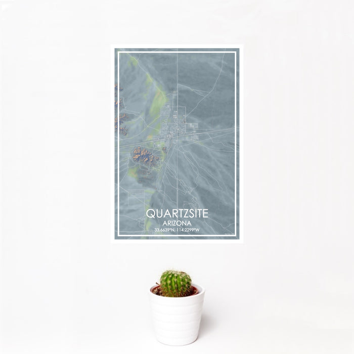 12x18 Quartzsite Arizona Map Print Portrait Orientation in Afternoon Style With Small Cactus Plant in White Planter