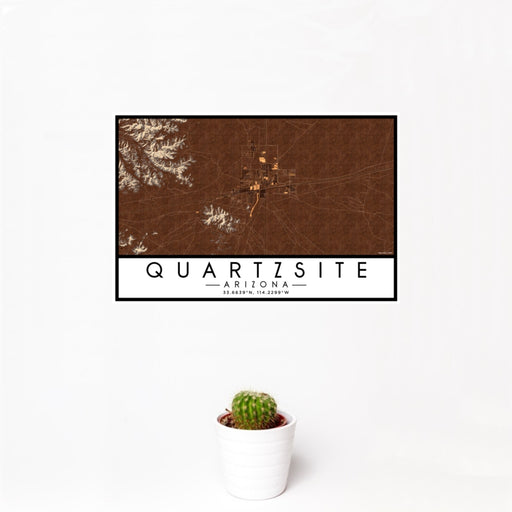 12x18 Quartzsite Arizona Map Print Landscape Orientation in Ember Style With Small Cactus Plant in White Planter