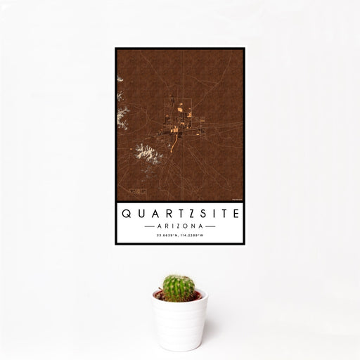 12x18 Quartzsite Arizona Map Print Portrait Orientation in Ember Style With Small Cactus Plant in White Planter
