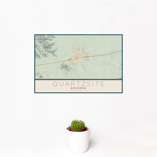 12x18 Quartzsite Arizona Map Print Landscape Orientation in Woodblock Style With Small Cactus Plant in White Planter