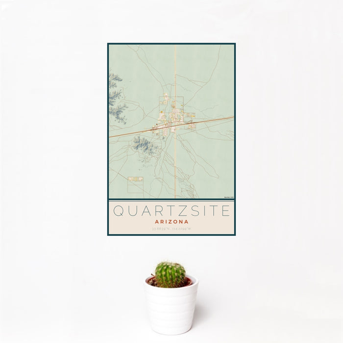 12x18 Quartzsite Arizona Map Print Portrait Orientation in Woodblock Style With Small Cactus Plant in White Planter