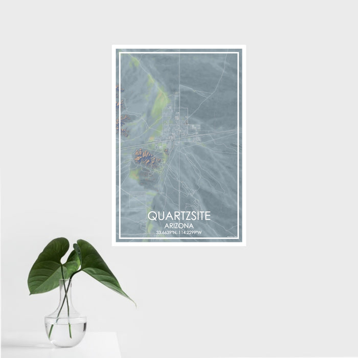 16x24 Quartzsite Arizona Map Print Portrait Orientation in Afternoon Style With Tropical Plant Leaves in Water