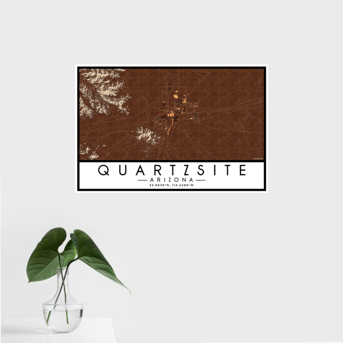 16x24 Quartzsite Arizona Map Print Landscape Orientation in Ember Style With Tropical Plant Leaves in Water