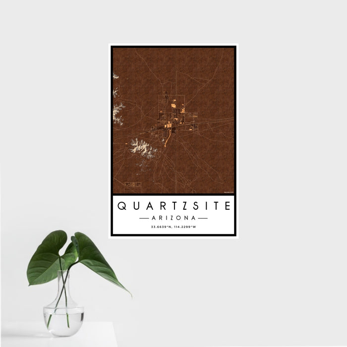 16x24 Quartzsite Arizona Map Print Portrait Orientation in Ember Style With Tropical Plant Leaves in Water