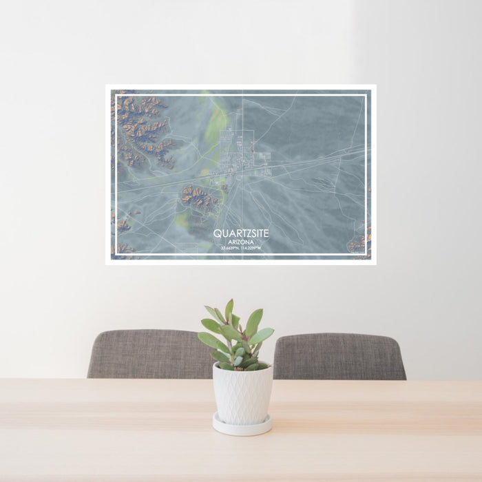24x36 Quartzsite Arizona Map Print Lanscape Orientation in Afternoon Style Behind 2 Chairs Table and Potted Plant