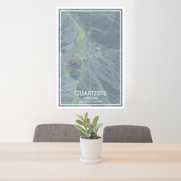 24x36 Quartzsite Arizona Map Print Portrait Orientation in Afternoon Style Behind 2 Chairs Table and Potted Plant