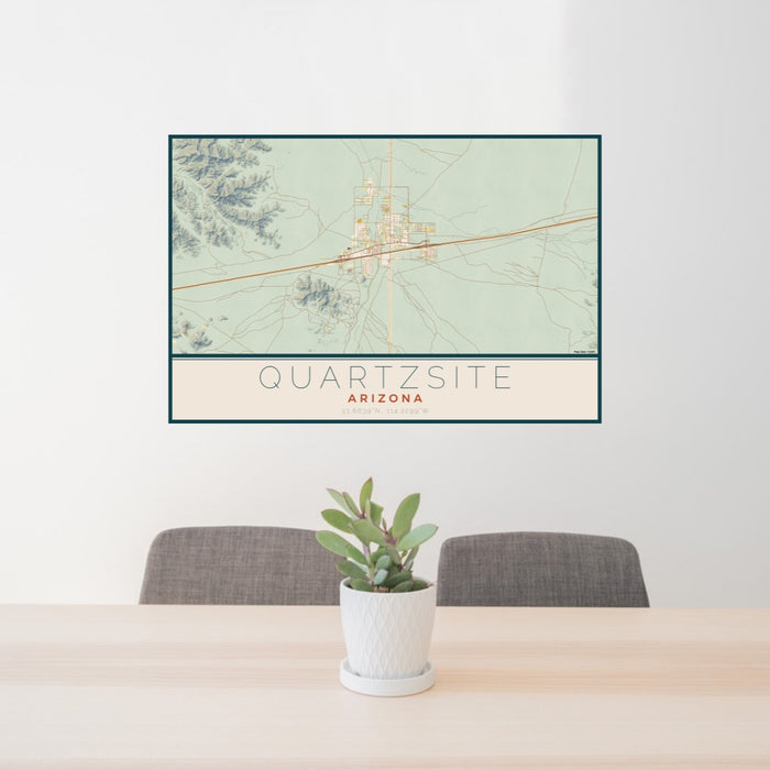 24x36 Quartzsite Arizona Map Print Lanscape Orientation in Woodblock Style Behind 2 Chairs Table and Potted Plant
