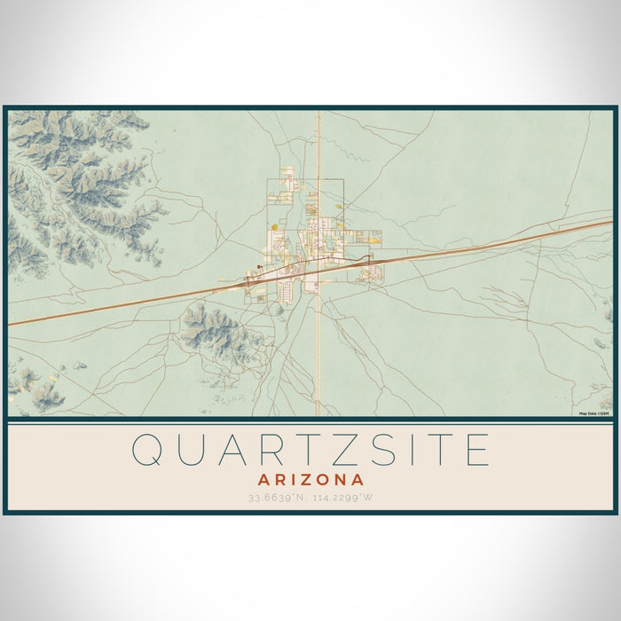 Quartzsite Arizona Map Print Landscape Orientation in Woodblock Style With Shaded Background