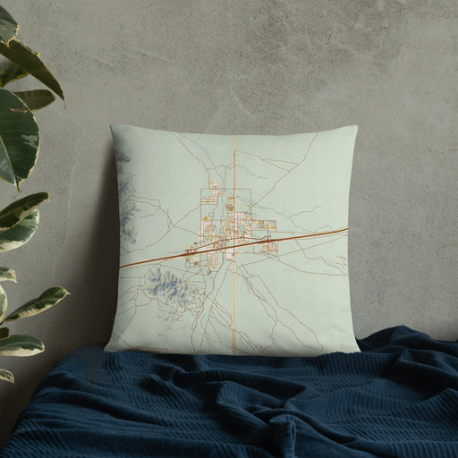 Custom Quartzsite Arizona Map Throw Pillow in Woodblock on Bedding Against Wall