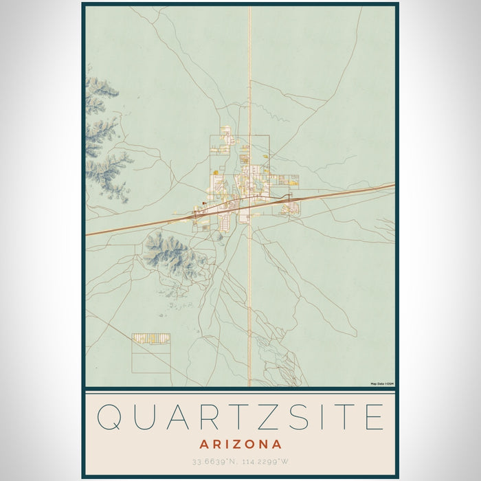 Quartzsite Arizona Map Print Portrait Orientation in Woodblock Style With Shaded Background