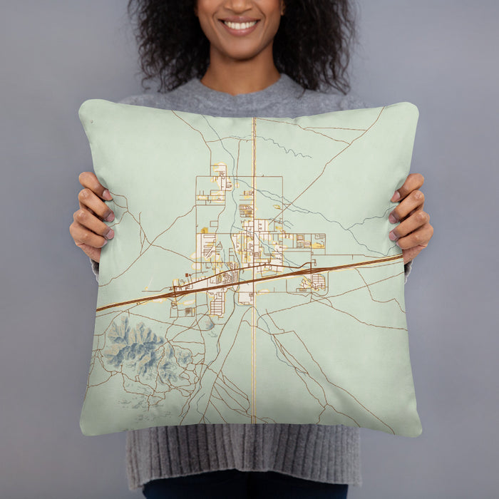 Person holding 18x18 Custom Quartzsite Arizona Map Throw Pillow in Woodblock