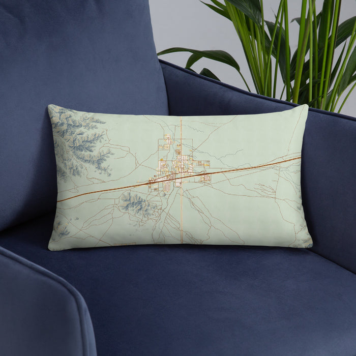 Custom Quartzsite Arizona Map Throw Pillow in Woodblock on Blue Colored Chair