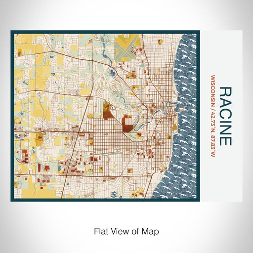 Rendered View of Racine Wisconsin Map on 20oz Stainless Steel Insulated Bottle with Bamboo Top with printed woodblock style map
