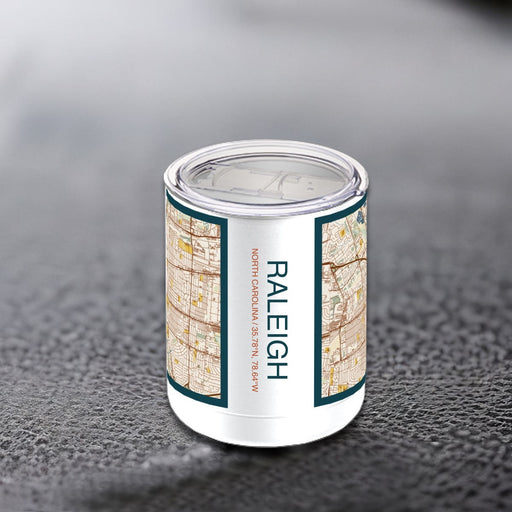 Raleigh North Carolina Custom City Map Inscription Coordinates on 10oz Stainless Steel Insulated Cup in Woodblock with Sliding Lid