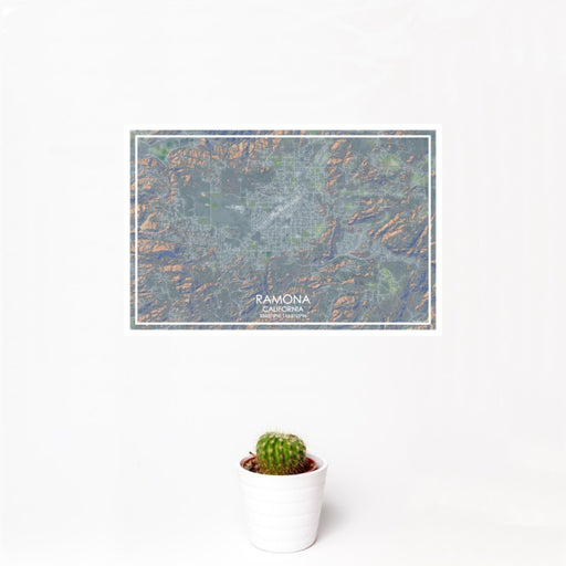 12x18 Ramona California Map Print Landscape Orientation in Afternoon Style With Small Cactus Plant in White Planter