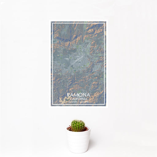 12x18 Ramona California Map Print Portrait Orientation in Afternoon Style With Small Cactus Plant in White Planter