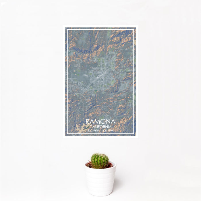 12x18 Ramona California Map Print Portrait Orientation in Afternoon Style With Small Cactus Plant in White Planter