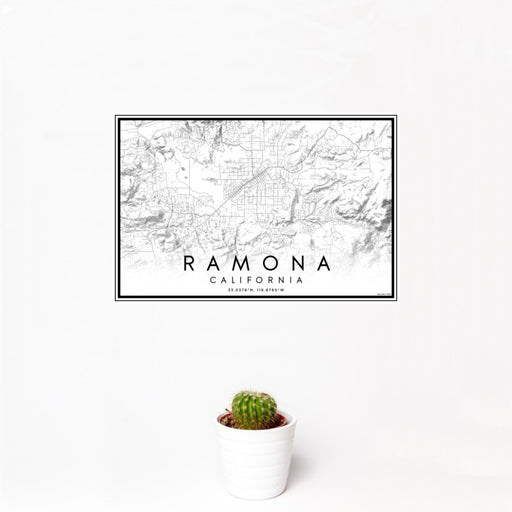 12x18 Ramona California Map Print Landscape Orientation in Classic Style With Small Cactus Plant in White Planter