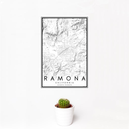 12x18 Ramona California Map Print Portrait Orientation in Classic Style With Small Cactus Plant in White Planter