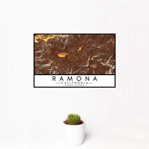 12x18 Ramona California Map Print Landscape Orientation in Ember Style With Small Cactus Plant in White Planter