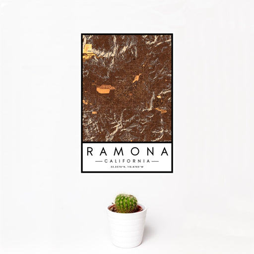 12x18 Ramona California Map Print Portrait Orientation in Ember Style With Small Cactus Plant in White Planter