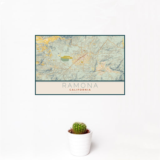 12x18 Ramona California Map Print Landscape Orientation in Woodblock Style With Small Cactus Plant in White Planter