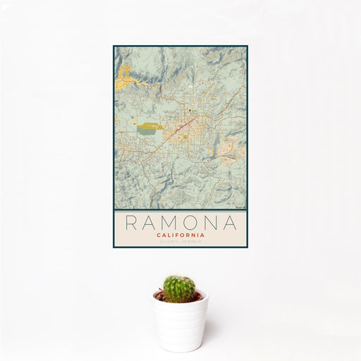 12x18 Ramona California Map Print Portrait Orientation in Woodblock Style With Small Cactus Plant in White Planter