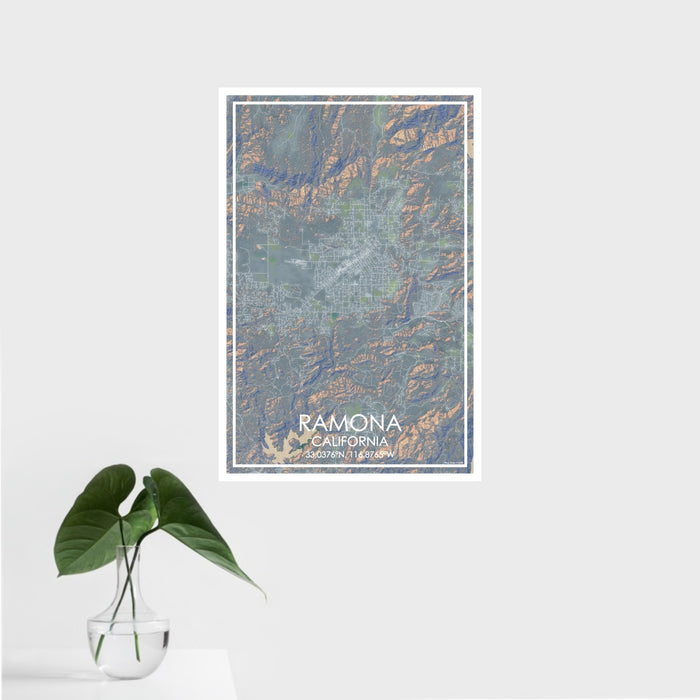 16x24 Ramona California Map Print Portrait Orientation in Afternoon Style With Tropical Plant Leaves in Water