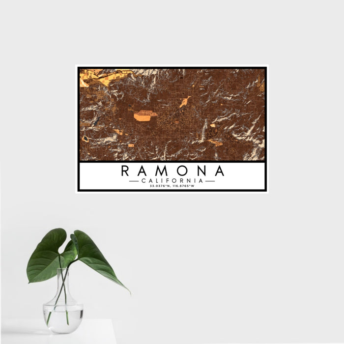 16x24 Ramona California Map Print Landscape Orientation in Ember Style With Tropical Plant Leaves in Water