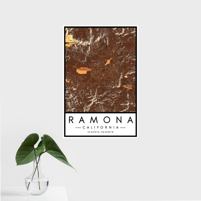 16x24 Ramona California Map Print Portrait Orientation in Ember Style With Tropical Plant Leaves in Water