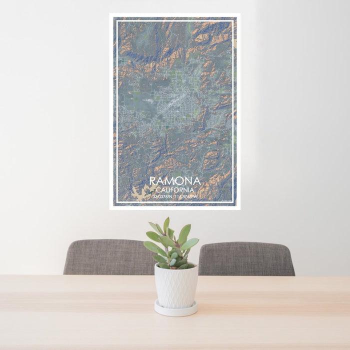 24x36 Ramona California Map Print Portrait Orientation in Afternoon Style Behind 2 Chairs Table and Potted Plant