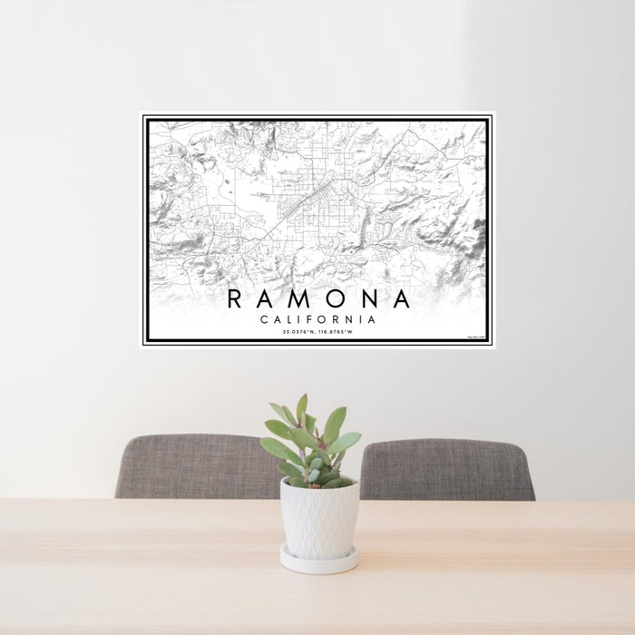 24x36 Ramona California Map Print Lanscape Orientation in Classic Style Behind 2 Chairs Table and Potted Plant