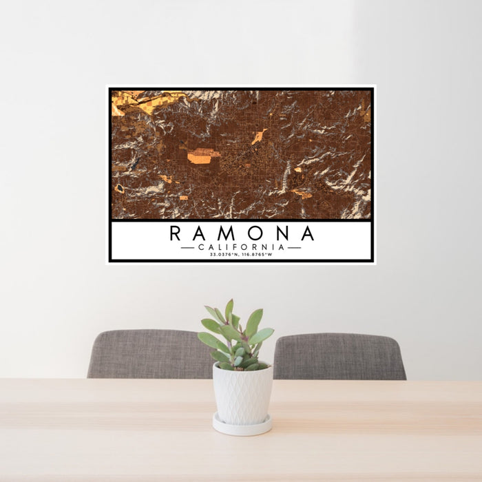 24x36 Ramona California Map Print Lanscape Orientation in Ember Style Behind 2 Chairs Table and Potted Plant
