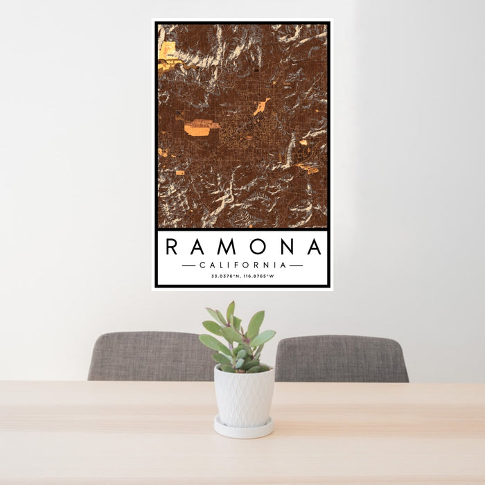 24x36 Ramona California Map Print Portrait Orientation in Ember Style Behind 2 Chairs Table and Potted Plant